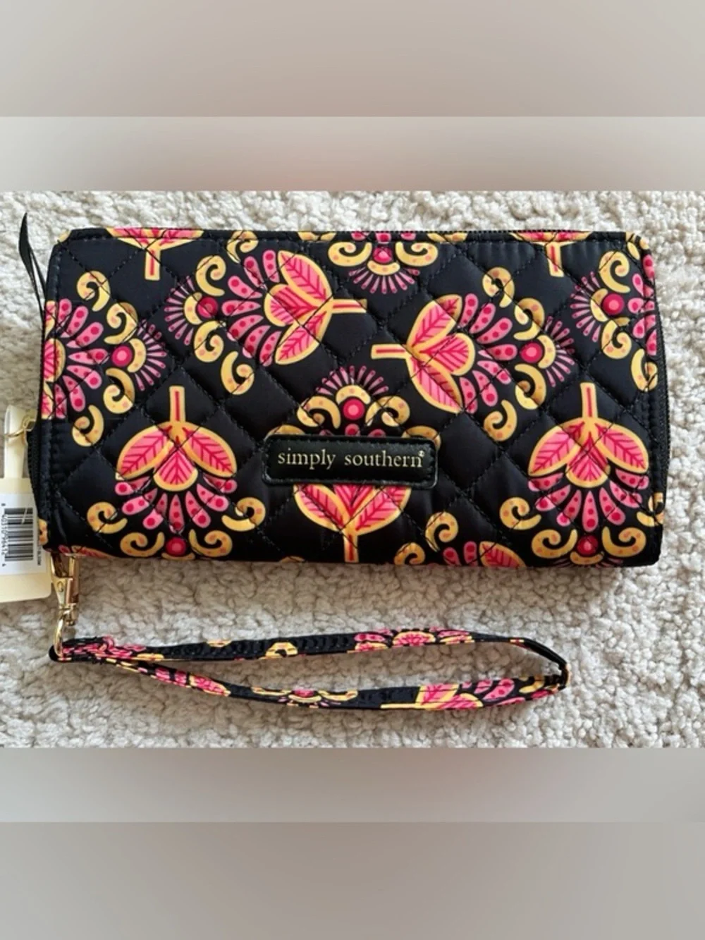 NWT Simply Southern Quilted Floral Wristlet Wallet Black Pink Gold Phone Wallet